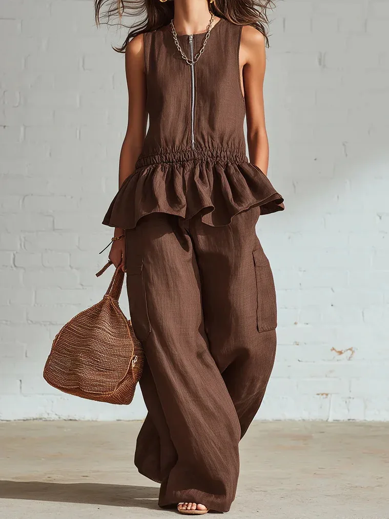 Summer Women's Set Solid Color Two Piece Set Fashion Zip-Up Ruffles Sleeveless Tank Top With Loose Wide Pants Outfit Female
Summer Women's Set Solid Color Two Piece Set Fashion Zip-Up Ruffles Sleeveless Tank Top With Loose Wide Pants Outfit Female