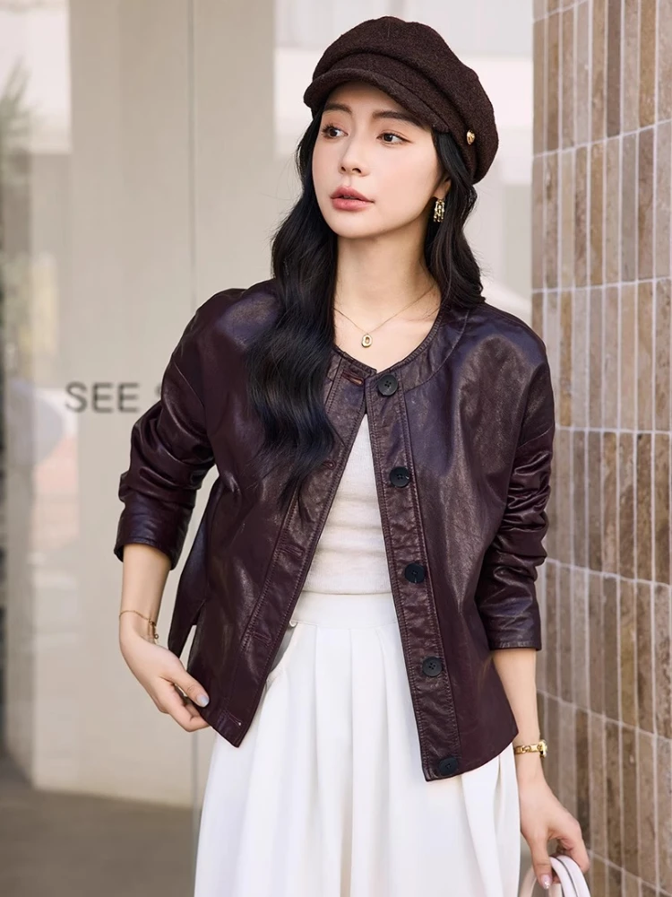 Casual O-neck Genuine Leather Cropped Jackets for Women Spring Autumn High-end Simple Soft Oil Wax Real Goatskin Leather Coat
Casual O-neck Genuine Leather Cropped Jackets for Women Spring Autumn High-end Simple Soft Oil Wax Real Goatskin Leather Coat