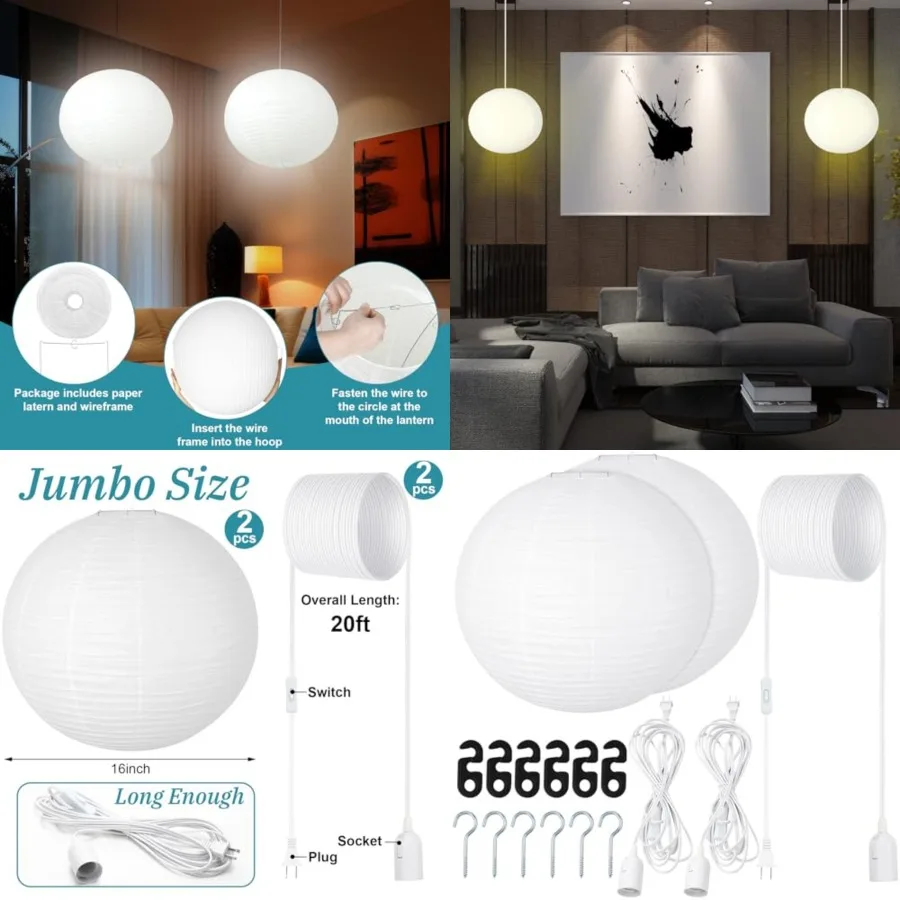 2 Sets Jumbo Paper Lanterns with Lamp Cord Cable White Hanging Paper Lanterns Chinese Japanese Pendant Hanging Lamp for Birthda
2 Sets Jumbo Paper Lanterns with Lamp Cord Cable White Hanging Paper Lanterns Chinese Japanese Pendant Hanging Lamp for Birthda