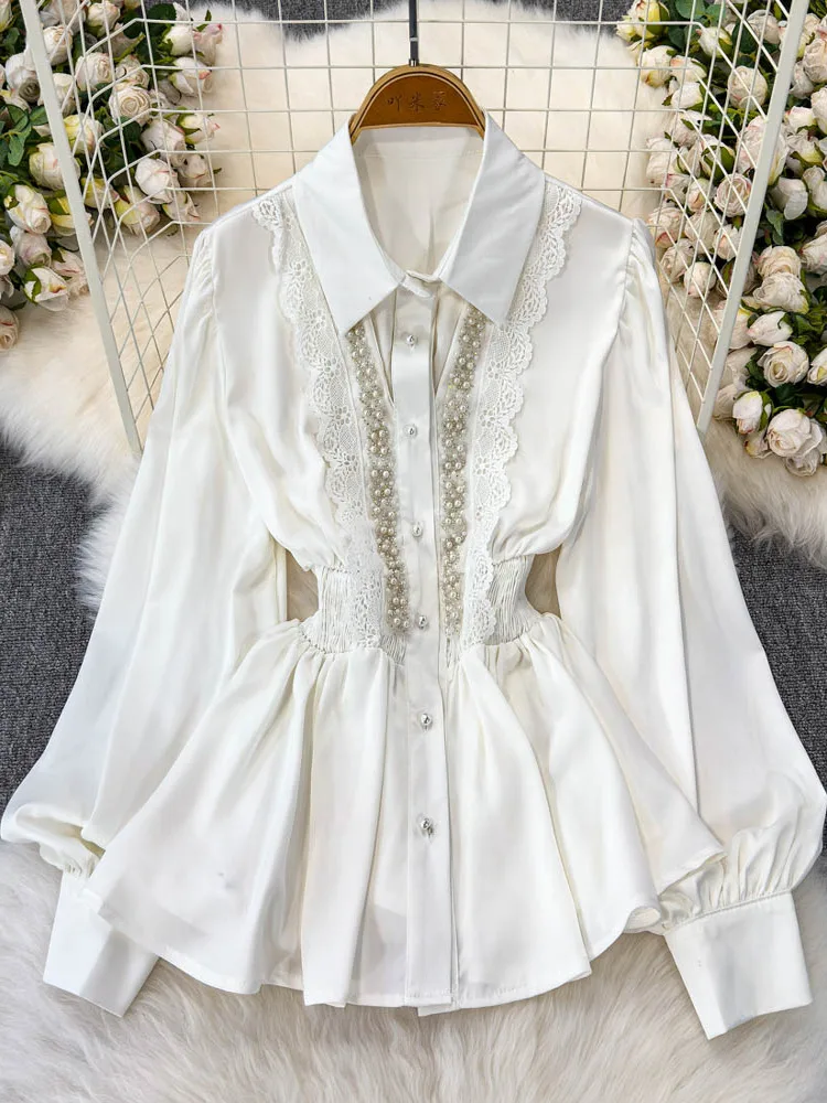 French Female Slim Shirts Lace Patchwork Heavy Beading Tops Lantern Sleeve Blouses Solid Color Slim Waist Spring Women Clothing
French Female Slim Shirts Lace Patchwork Heavy Beading Tops Lantern Sleeve Blouses Solid Color Slim Waist Spring Women Clothing