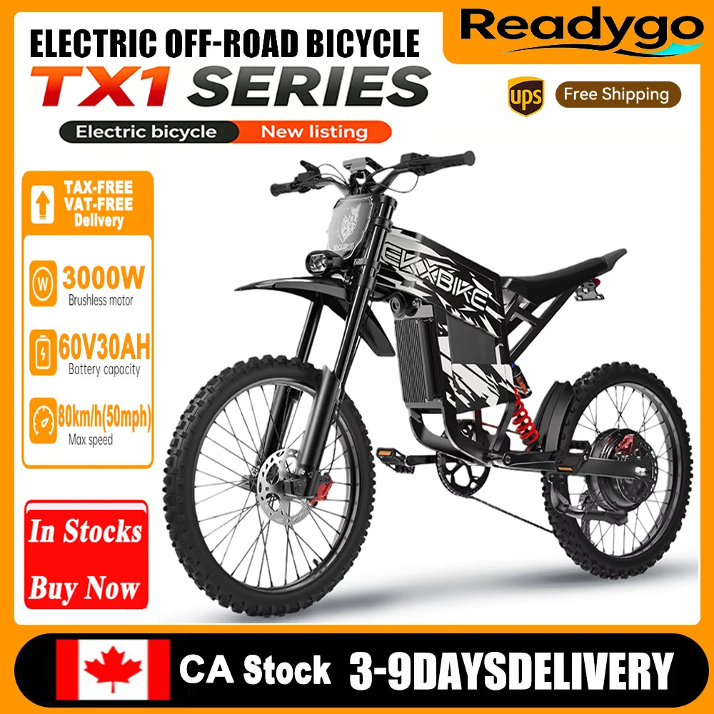 Readygo EKXBIKE TX1 Electric Dirt Bike 3000W, 60V30Ah Lithium Battery, Adult Off-Road Mountain Ebike, Max Speed 80km/h Peak6000w
Readygo EKXBIKE TX1 Electric Dirt Bike 3000W, 60V30Ah Lithium Battery, Adult Off-Road Mountain Ebike, Max Speed 80km/h Peak6000w