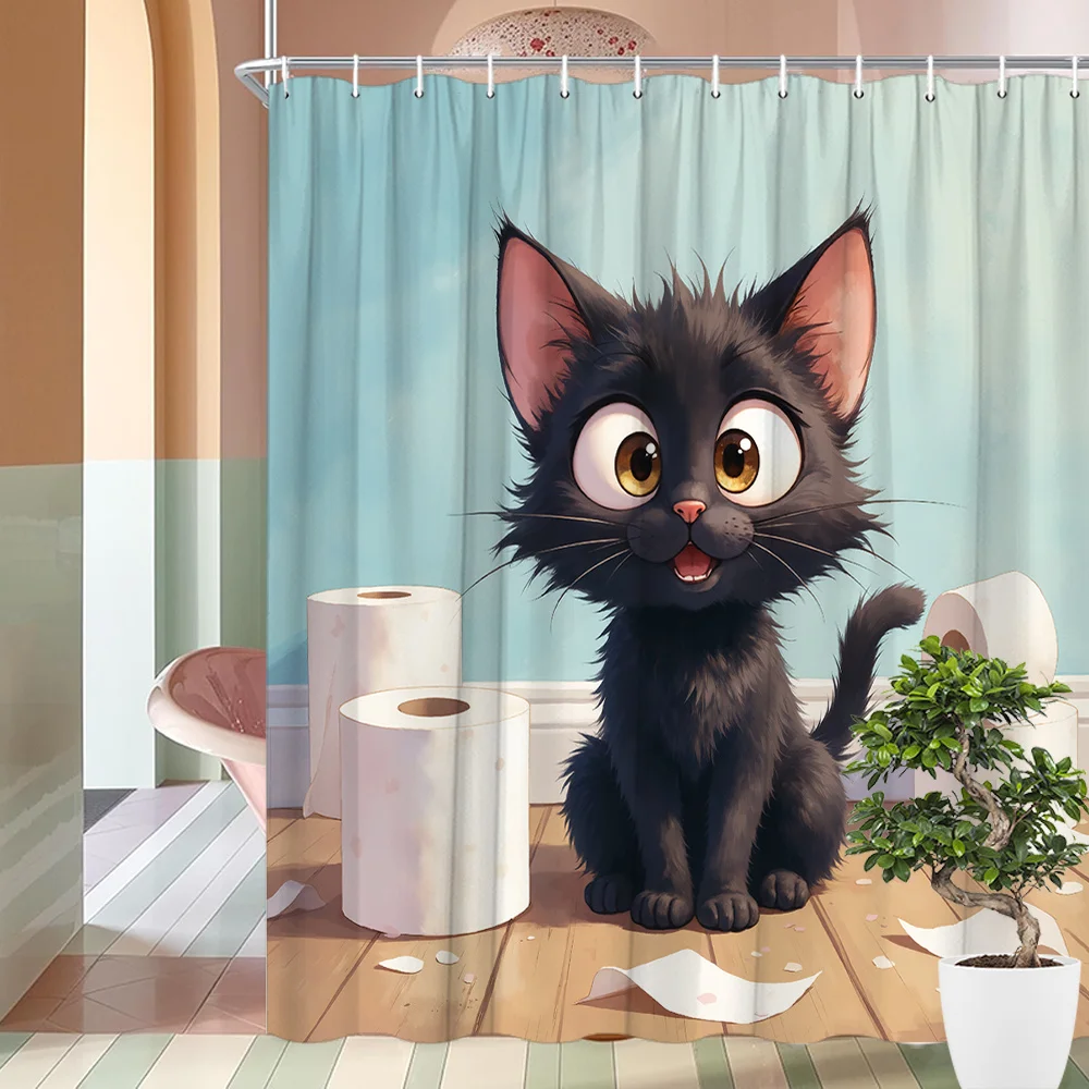 1 x Playful Black Cat Shower Curtain with Toilet Paper Roll - Fun Cartoon Design, Light Blue Bathroom Decor, Polyester Fabric
1 x Playful Black Cat Shower Curtain with Toilet Paper Roll - Fun Cartoon Design, Light Blue Bathroom Decor, Polyester Fabric