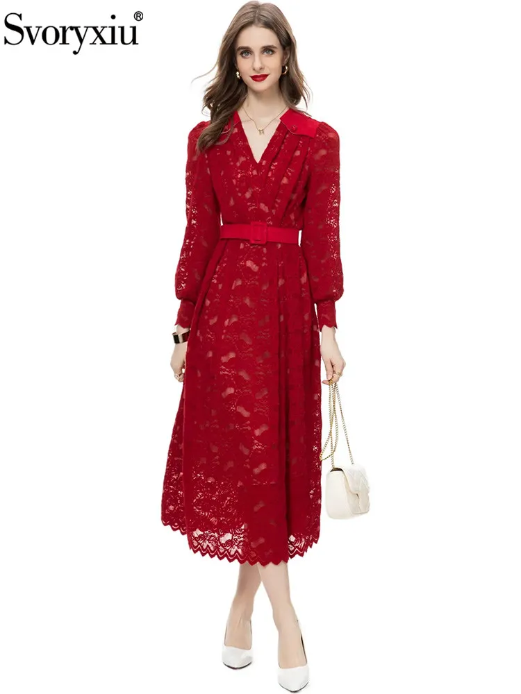 Svoryxiu Fashion Designer Autumn Party Red Long Dress Women's V-Neck Lace Net Yarn High Waist Flounces Sleeve Big Swing Dresss
Svoryxiu Fashion Designer Autumn Party Red Long Dress Women's V-Neck Lace Net Yarn High Waist Flounces Sleeve Big Swing Dresss