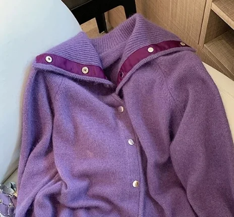 Purple Soft Fuzzy Knit Cardigan High Rib Collar Snap Button Placket Contrast Inner Long Sleeve Loose Warm Casual Sweater Coat
Purple Soft Fuzzy Knit Cardigan High Rib Collar Snap Button Placket Contrast Inner Long Sleeve Loose Warm Casual Sweater Coat