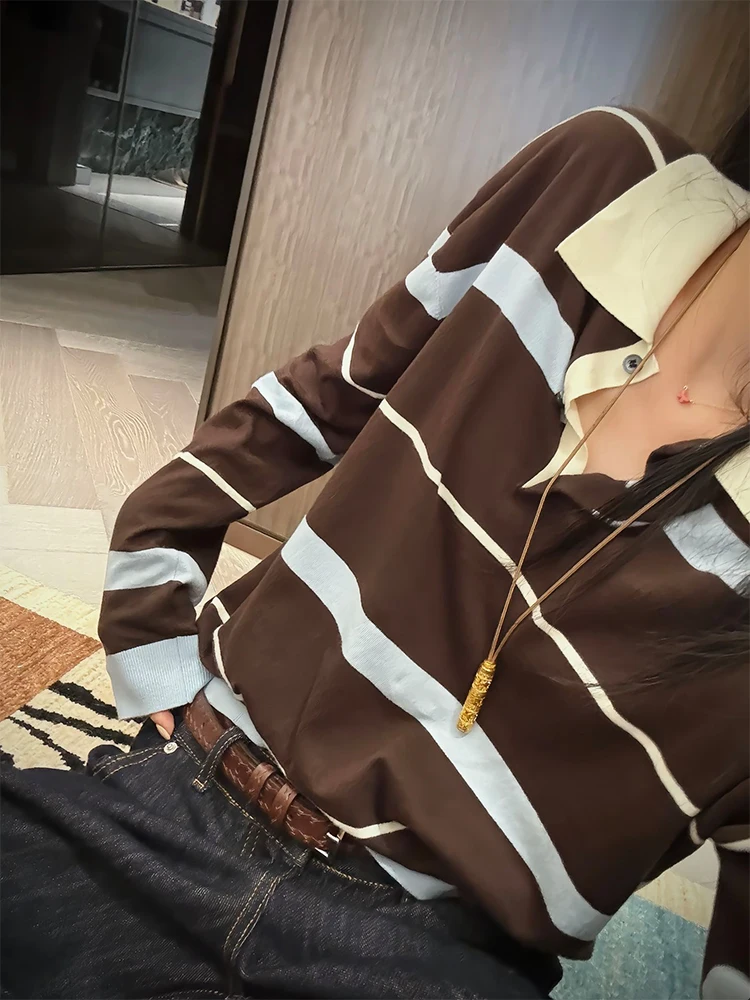 Loose Women's Knitted irt Coffee Stripes Turn-down Collar Early Spring New Sle Korean Retro Casual Faion Top
Loose Women's Knitted irt Coffee Stripes Turn-down Collar Early Spring New Sle Korean Retro Casual Faion Top