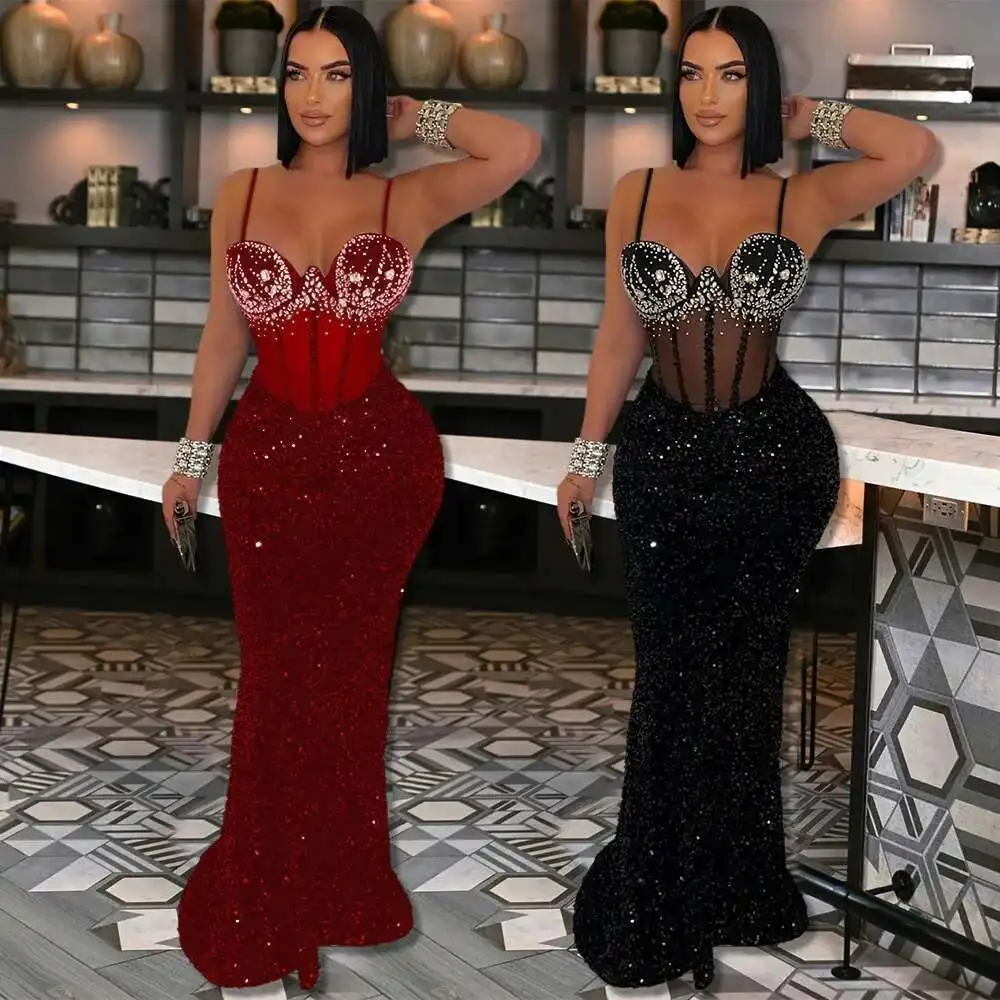 CY901592 Velvet sequin party dress, rhinestone suspender dress, hip hugging long skirt for women
CY901592 Velvet sequin party dress, rhinestone suspender dress, hip hugging long skirt for women