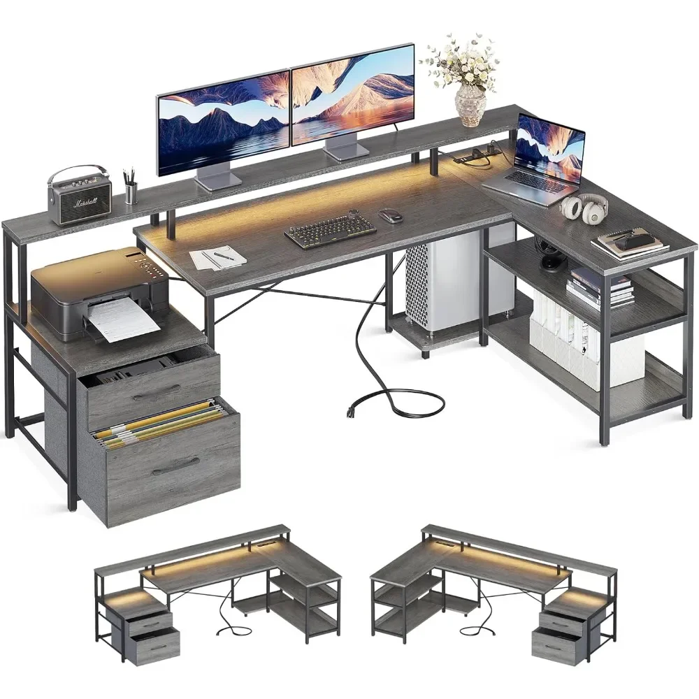 L-shaped desk with drawers, with power socket and LED light bar, desk with storage shelf, gaming table with monitor stand
L-shaped desk with drawers, with power socket and LED light bar, desk with storage shelf, gaming table with monitor stand
