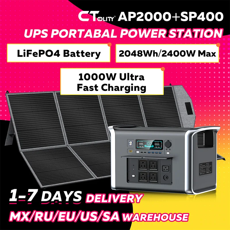 CTOLITY AP2000 2400W Portable Solar Generator 2048wh Camping Portable Power Station 400W Flexible Solar Panel Lifepo4 Battery
CTOLITY AP2000 2400W Portable Solar Generator 2048wh Camping Portable Power Station 400W Flexible Solar Panel Lifepo4 Battery