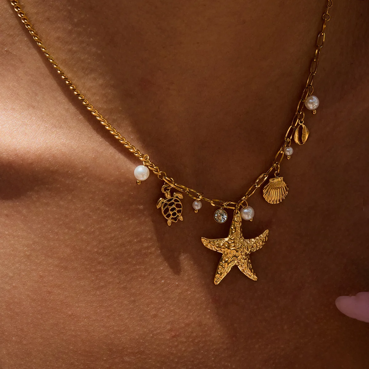 Bohemian 18k Gold Color Titanium Steel Necklace For Women Simple Starfish Shell Pearl Zircon Choker Stainless Steel Jewelry
Bohemian 18k Gold Color Titanium Steel Necklace For Women Simple Starfish Shell Pearl Zircon Choker Stainless Steel Jewelry