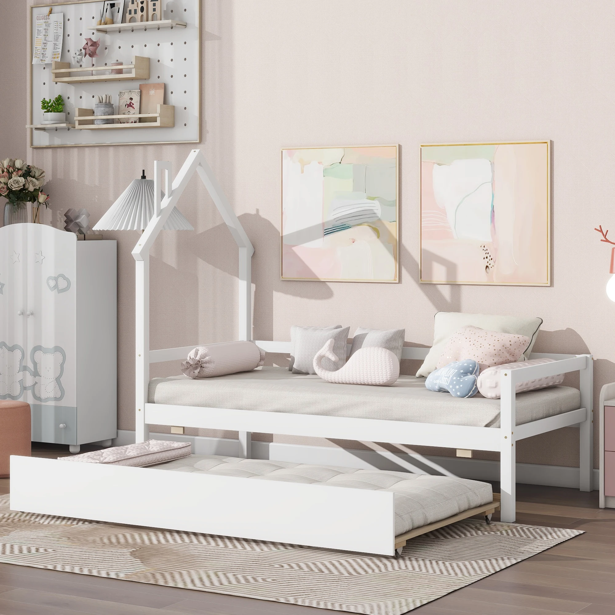 Twin Wooden Daybed with trundle, Twin House-Shaped Headboard bed with Guardrails,White
Twin Wooden Daybed with trundle, Twin House-Shaped Headboard bed with Guardrails,White