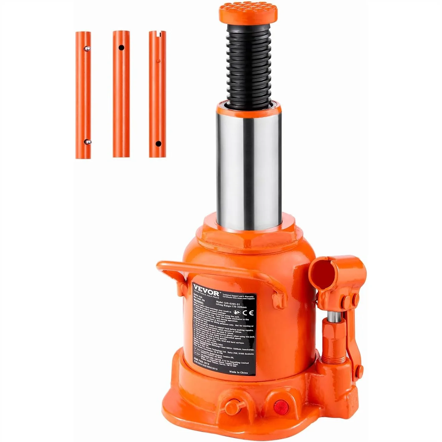 20 Ton Hydraulic Bottle Jack with 6.69-12.6 in Lifting Range & 3-Section Handle for Car, Truck, SUV, RV, Auto Repair
20 Ton Hydraulic Bottle Jack with 6.69-12.6 in Lifting Range & 3-Section Handle for Car, Truck, SUV, RV, Auto Repair