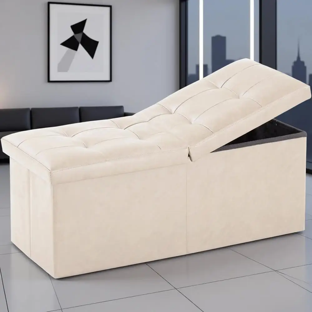 Ivory Leather Storage Ottoman Bench with Flip Lid for Small Footrest in Bedroom
Ivory Leather Storage Ottoman Bench with Flip Lid for Small Footrest in Bedroom
