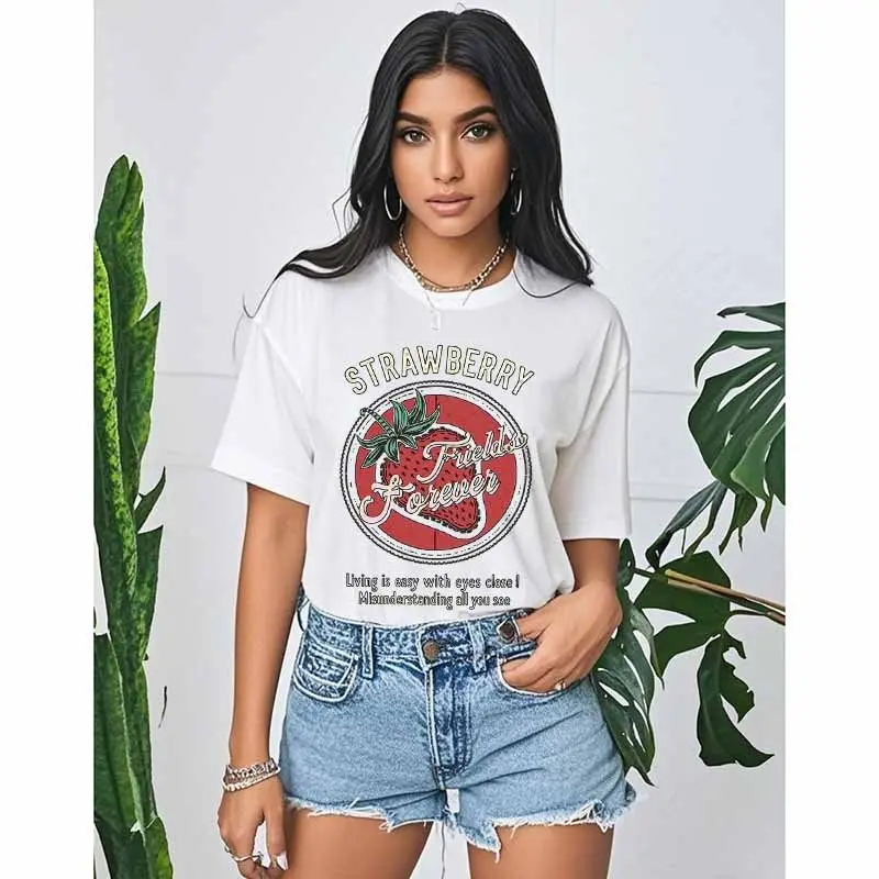 New Loose and Comfortable Strawberry-printed Pure Cotton Top Short-sleeved Street Fashion T-shirt From Europe and America 
New Loose and Comfortable Strawberry-printed Pure Cotton Top Short-sleeved Street Fashion T-shirt From Europe and America