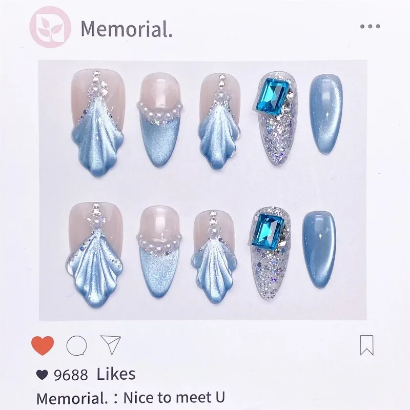 10Pcs Blue Almond Handmade Press on Nails Wearable Elegant 3D Fishtail Design with Pearl,Diamond Fake Nail for Daily&Summer Wear
10Pcs Blue Almond Handmade Press on Nails Wearable Elegant 3D Fishtail Design with Pearl,Diamond Fake Nail for Daily&Summer Wear
