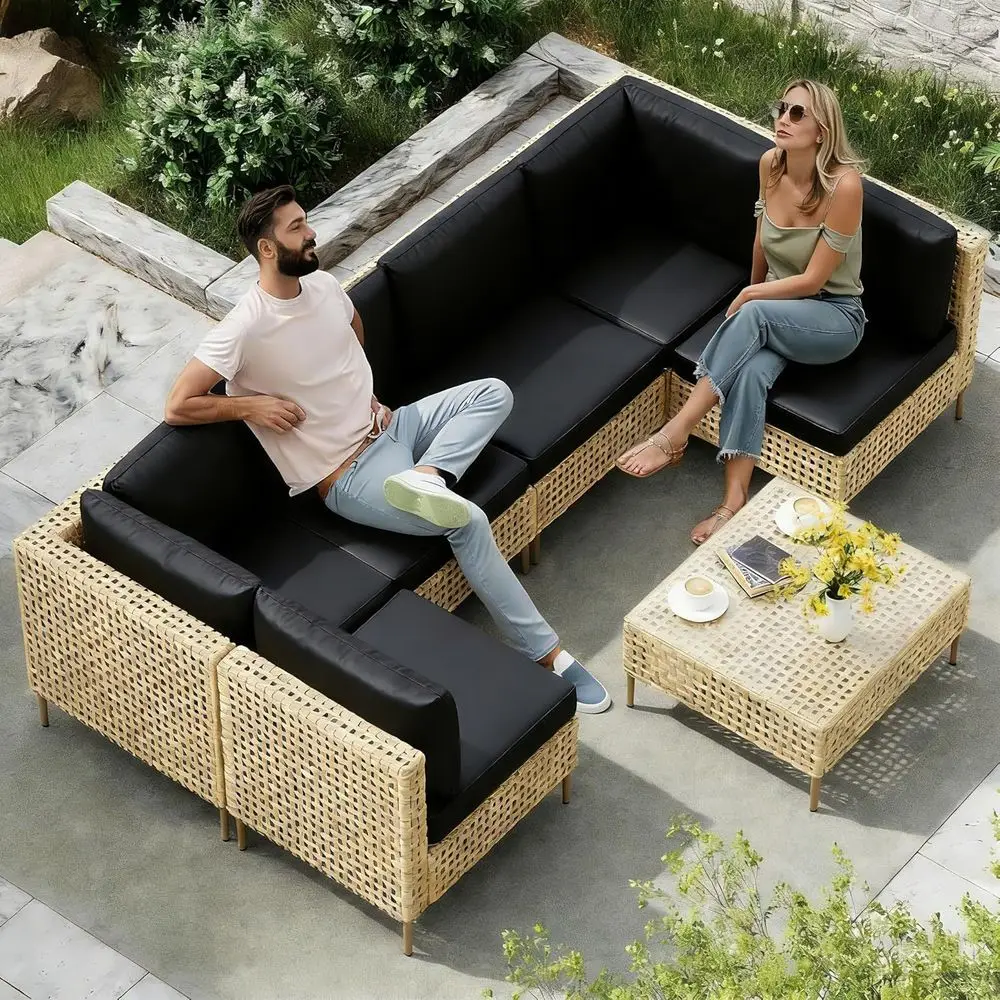 7-Piece Rattan Outdoor Furniture Set with Waterproof Cushions and Coffee Table, Black
7-Piece Rattan Outdoor Furniture Set with Waterproof Cushions and Coffee Table, Black