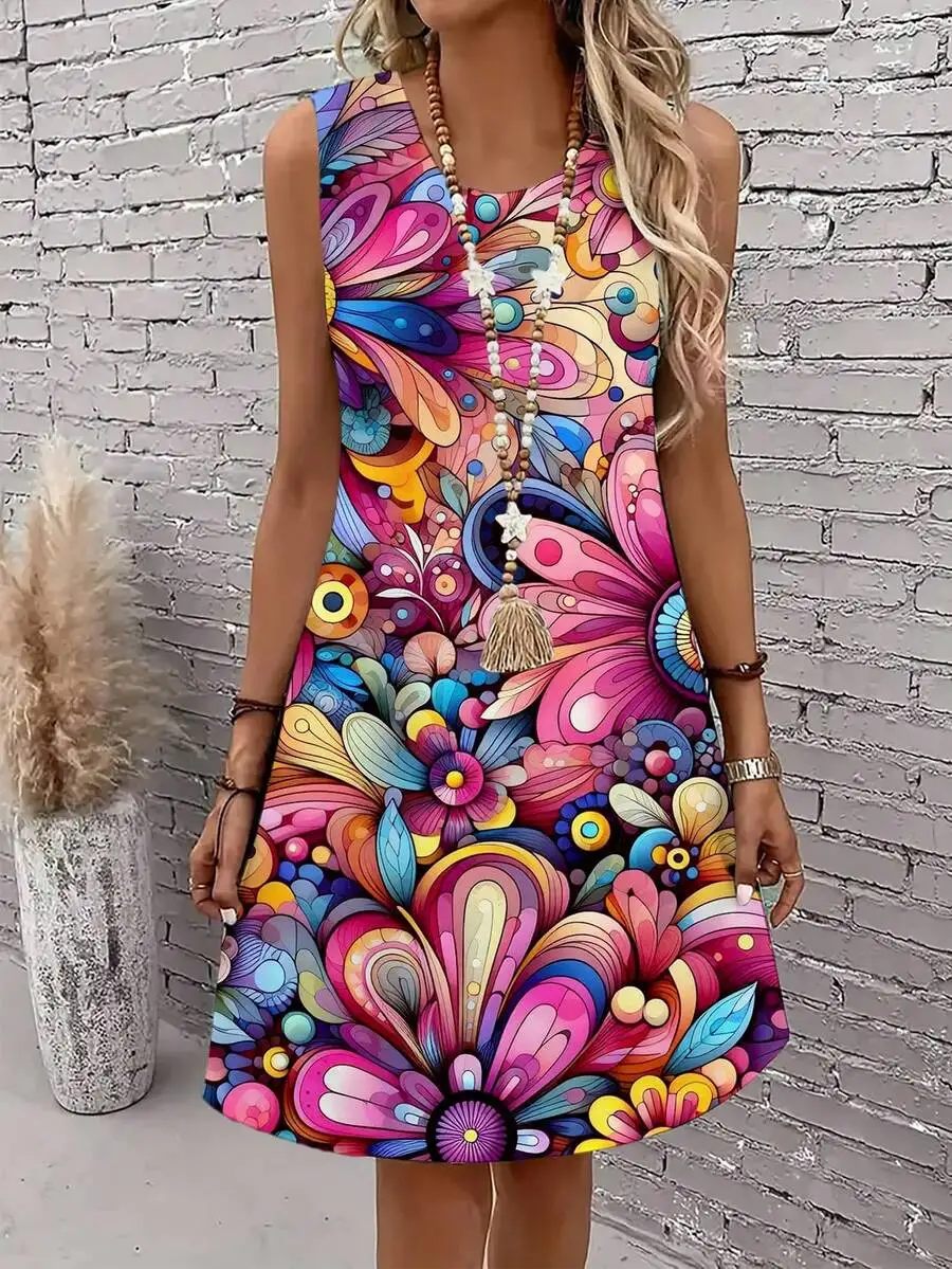 Colorful Floral Print Women Sleeveless Round Neck Casual Summer Dress
Colorful Floral Print Women Sleeveless Round Neck Casual Summer Dress