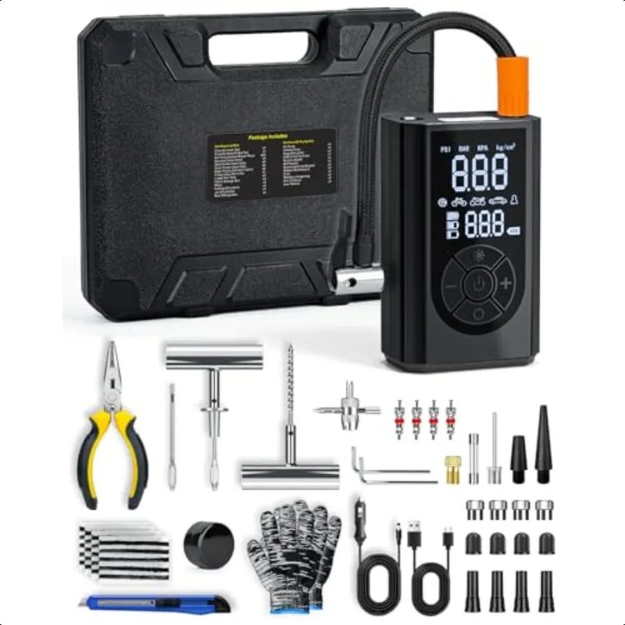 Tire Repair Kit with Portable Air Compror Tire Plug Kit 58PCS with Cordl Tire Iator 150 PSI for Car Motorcycle Tractor Truck Ba
Tire Repair Kit with Portable Air Compror Tire Plug Kit 58PCS with Cordl Tire Iator 150 PSI for Car Motorcycle Tractor Truck Ba