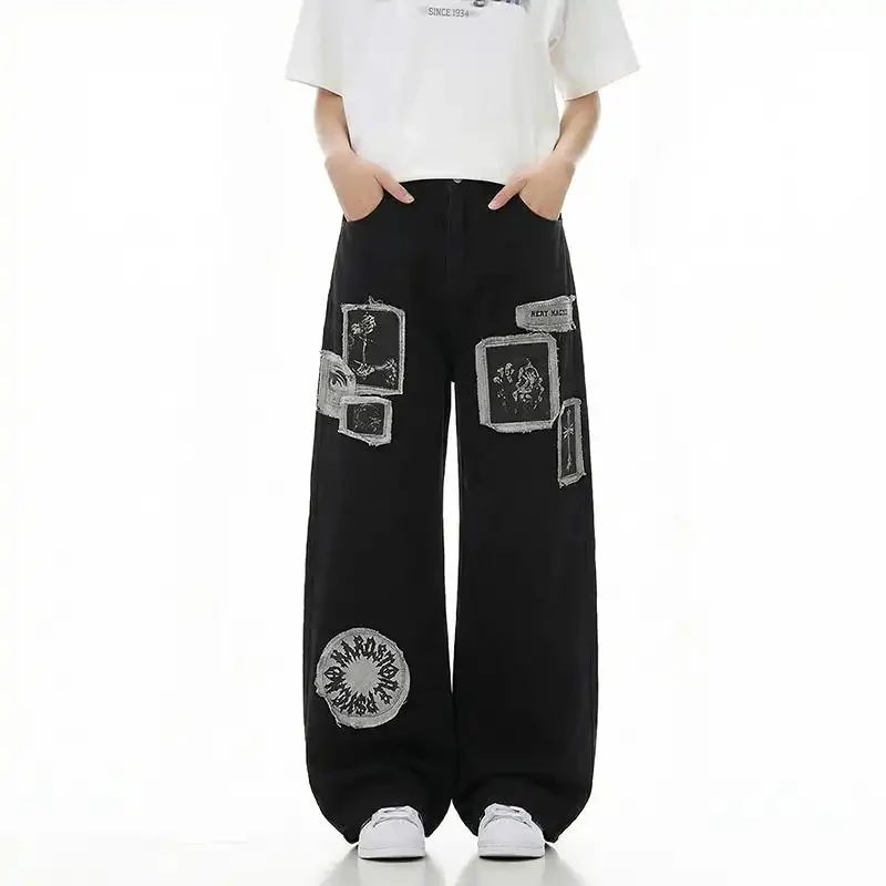 2026 New American Street Punk Style Men's Jeans, Patchwork, Wide Leg, Black Denim, Loose, Straight, Baggy Pants, Streetwear Fash
2026 New American Street Punk Style Men's Jeans, Patchwork, Wide Leg, Black Denim, Loose, Straight, Baggy Pants, Streetwear Fash