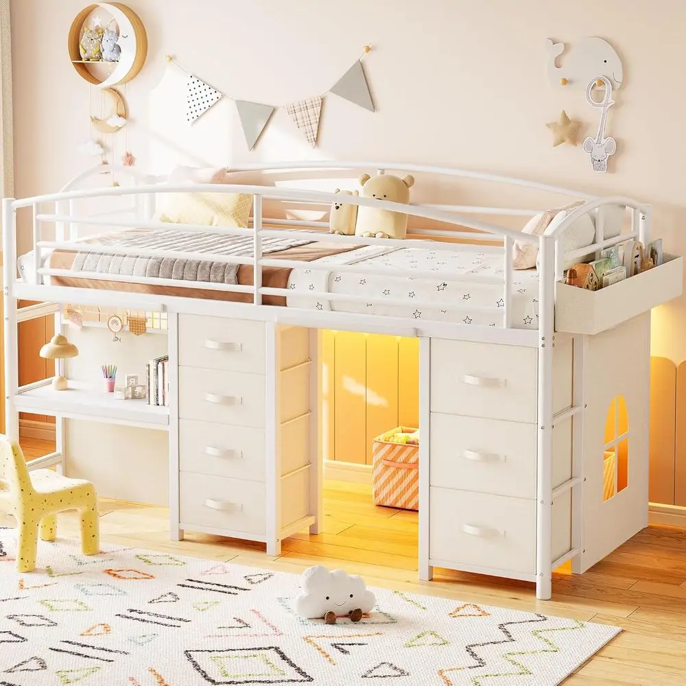 Twin Size Low Loft Bed with 7 Drawers, Desk, LED Lights, Safety Rail, Anti-Collision Pad, Play Curtain, Under-Bed Play Area - Wh
Twin Size Low Loft Bed with 7 Drawers, Desk, LED Lights, Safety Rail, Anti-Collision Pad, Play Curtain, Under-Bed Play Area - Wh