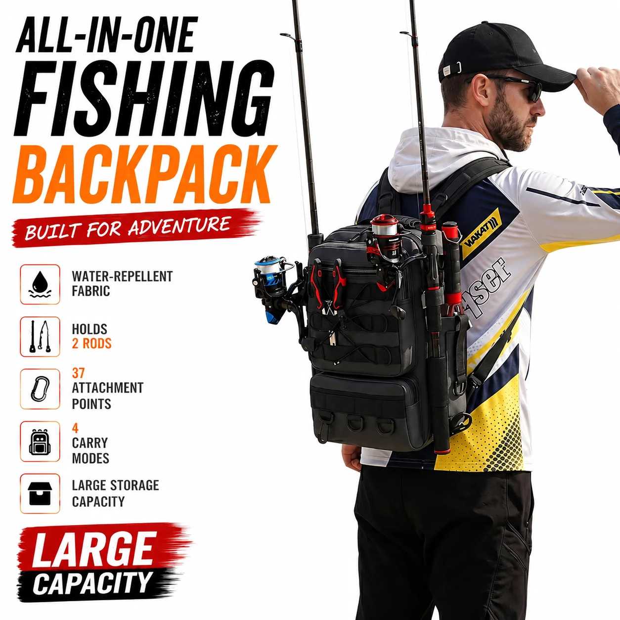 Waterproof Fishing Backpack Tackle Storage Bag with 2 Rod Holders, 4 Carry Modes Fishing Pack, Shoulder Bag for Camping Hiking
Waterproof Fishing Backpack Tackle Storage Bag with 2 Rod Holders, 4 Carry Modes Fishing Pack, Shoulder Bag for Camping Hiking