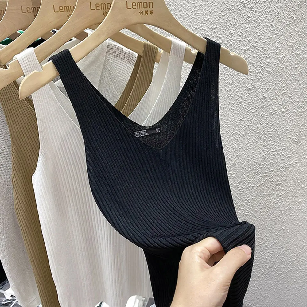 Summer Tank Tops Women Sleeveless Ice Silk Knitted Camisole Deep V-Neck Elastic Slim Vests Camis Knitting Pullover Basic Top
Summer Tank Tops Women Sleeveless Ice Silk Knitted Camisole Deep V-Neck Elastic Slim Vests Camis Knitting Pullover Basic Top