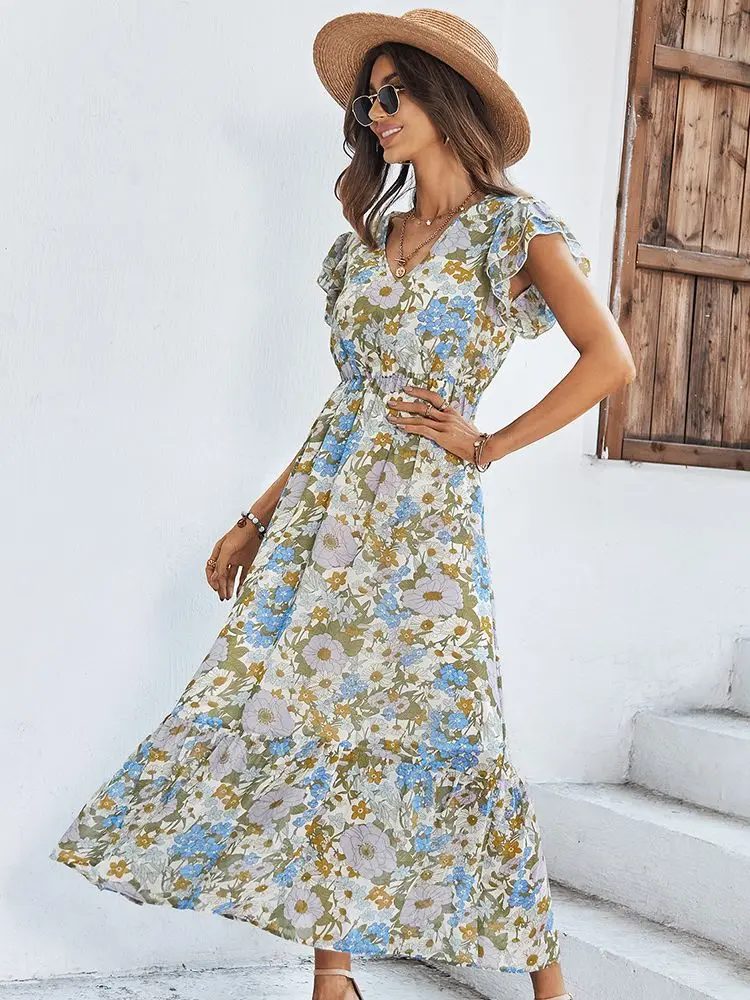 Beach Floral Dress Women Casual Butterfly Sleeve Ruffles Maxi Dress Female V-neck Elegant Summer Holiday Party Dress Vintage
Beach Floral Dress Women Casual Butterfly Sleeve Ruffles Maxi Dress Female V-neck Elegant Summer Holiday Party Dress Vintage