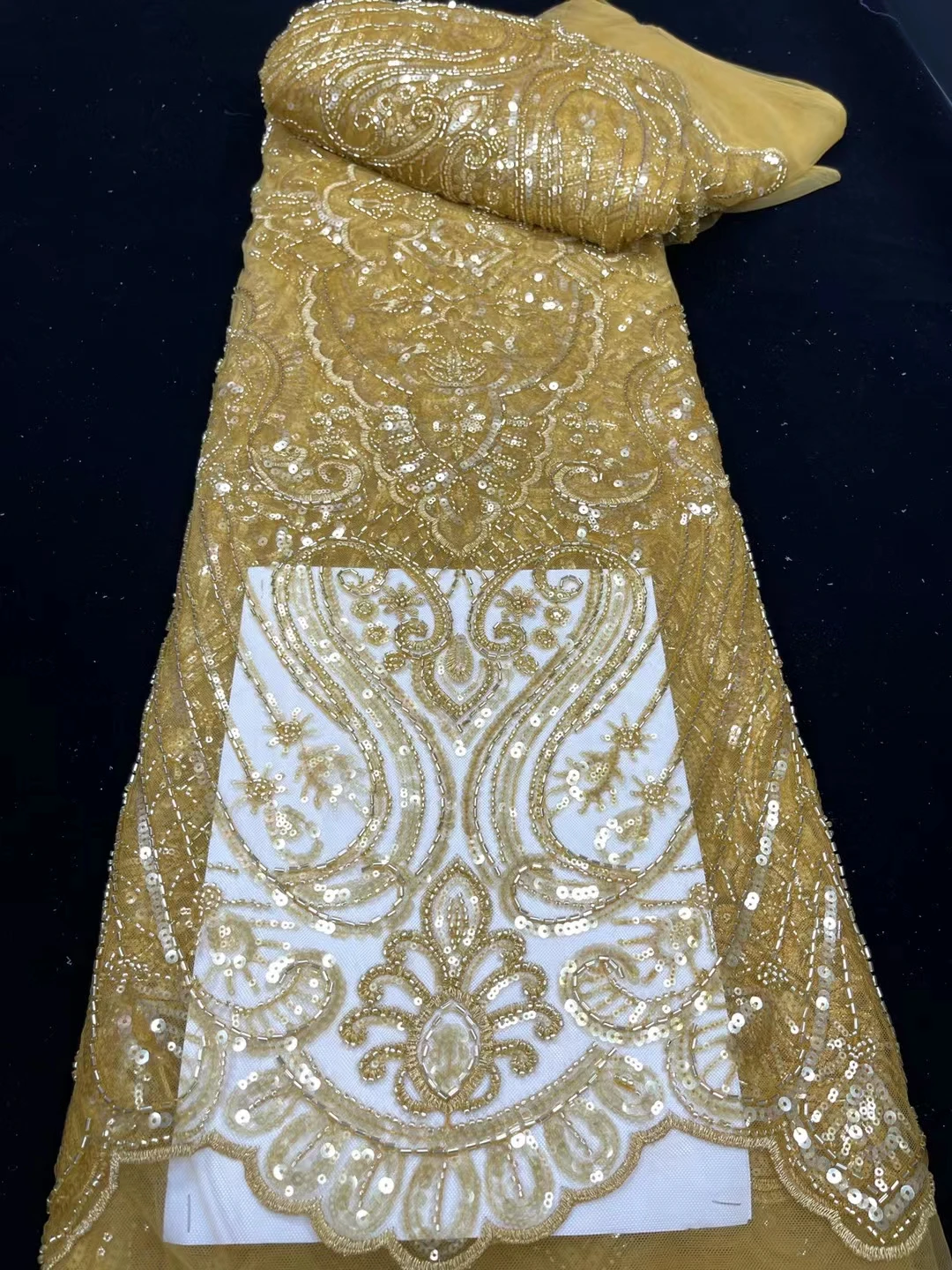 Heavy tube beads embroidery African wedding lace fabric gold French Nigerian lace high quality fabric for party dress KHS2305
Heavy tube beads embroidery African wedding lace fabric gold French Nigerian lace high quality fabric for party dress KHS2305