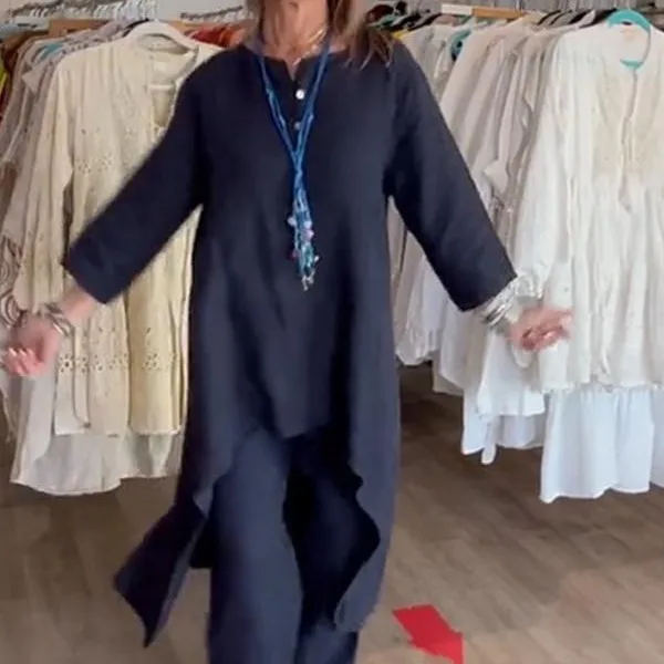New Summer Suit Solid Color Cotton And Linen Plus Size Loose Long-sleeved Round Neck Irregular Top Wide-leg Pants Two-piece Set
New Summer Suit Solid Color Cotton And Linen Plus Size Loose Long-sleeved Round Neck Irregular Top Wide-leg Pants Two-piece Set