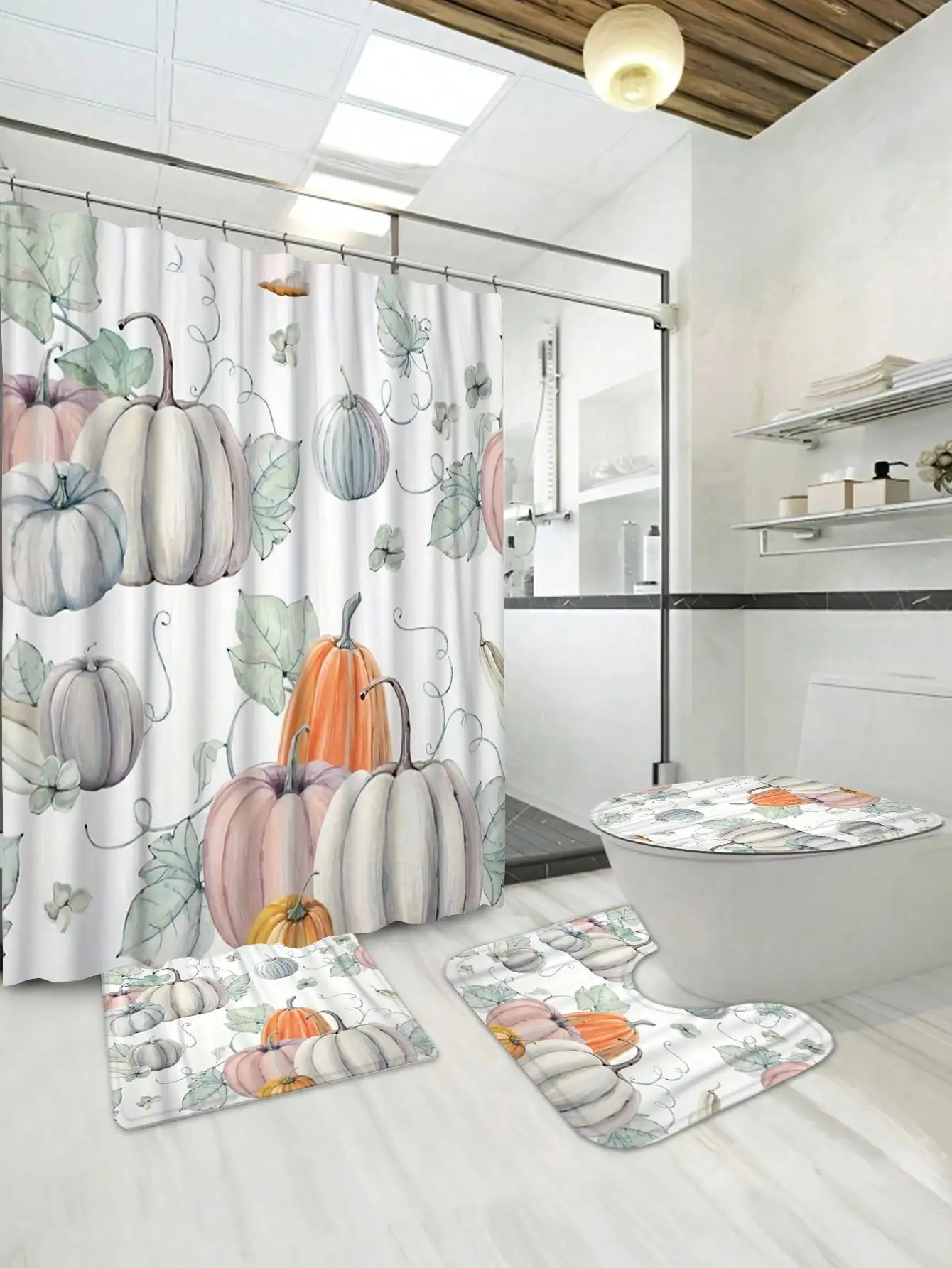 4-пакет занавески для душа на День Благодарения, Хэллоуин, занавеска с акварельным рецептом тыквы и осенним узором, коврик для ванной 
4-пакет занавески для душа на День Благодарения, Хэллоуин, занавеска с акварельным рецептом тыквы и осенним узором, коврик для ванной