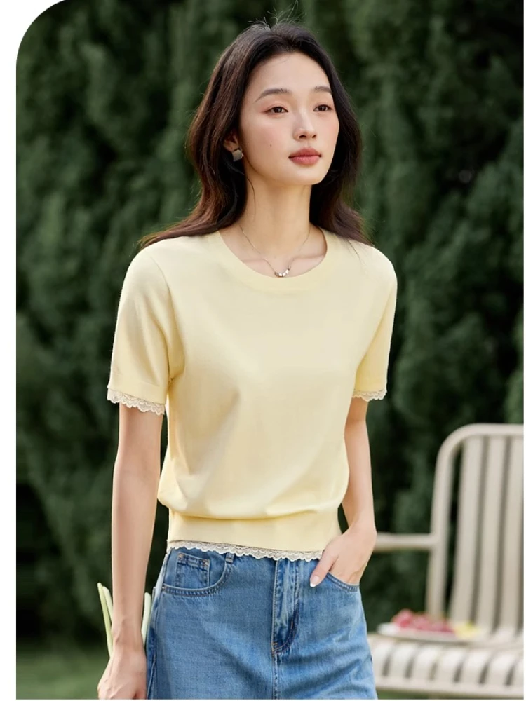 VIMLY Women's 2025 Summer Knitted Short Sleeve Lace Splicing Round Neck Elegant T-shirt Top Casual Clothes for Ladies 75026
VIMLY Women's 2025 Summer Knitted Short Sleeve Lace Splicing Round Neck Elegant T-shirt Top Casual Clothes for Ladies 75026