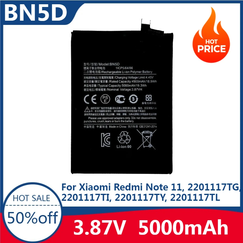 New High Quality for Newest 3.87V 5000mAh BN5D Battery for Xiaomi Redmi Note 11, 2201117TG, 2201117TI, 2201117TY, 2201117TL
New High Quality for Newest 3.87V 5000mAh BN5D Battery for Xiaomi Redmi Note 11, 2201117TG, 2201117TI, 2201117TY, 2201117TL
