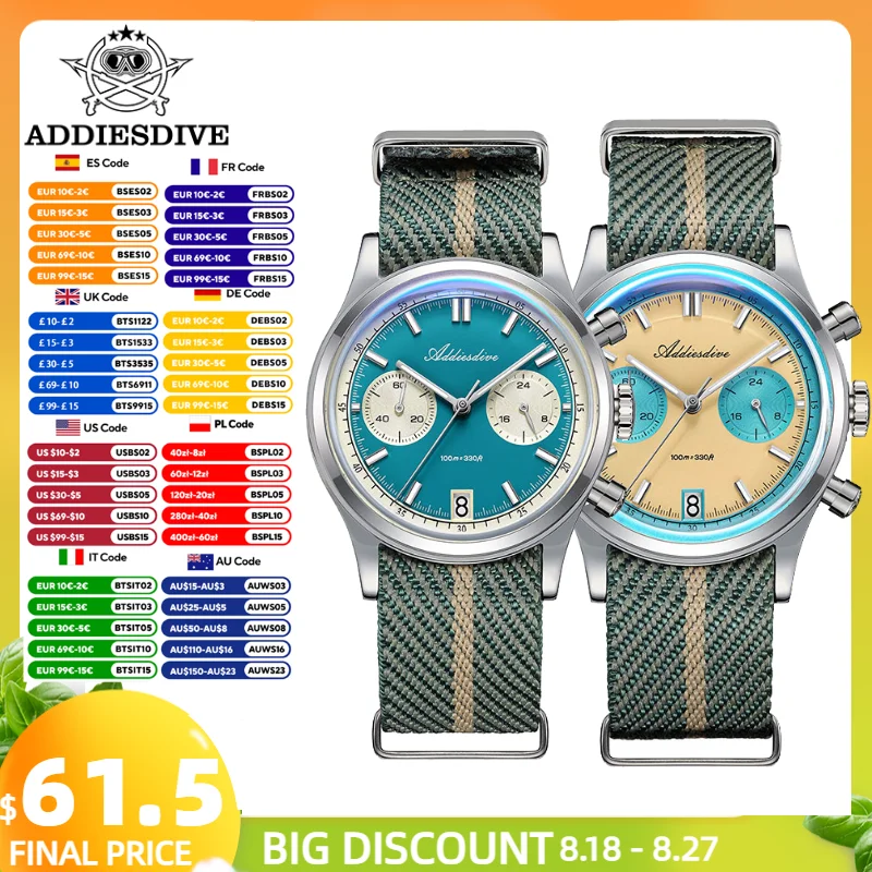 ADDIESDIVE New Men Watch Luxury 38mm Chronograph 316L Stainless Steel Domed Glass Luminous 100m Waterproof VK64 Quartz Watch
ADDIESDIVE New Men Watch Luxury 38mm Chronograph 316L Stainless Steel Domed Glass Luminous 100m Waterproof VK64 Quartz Watch