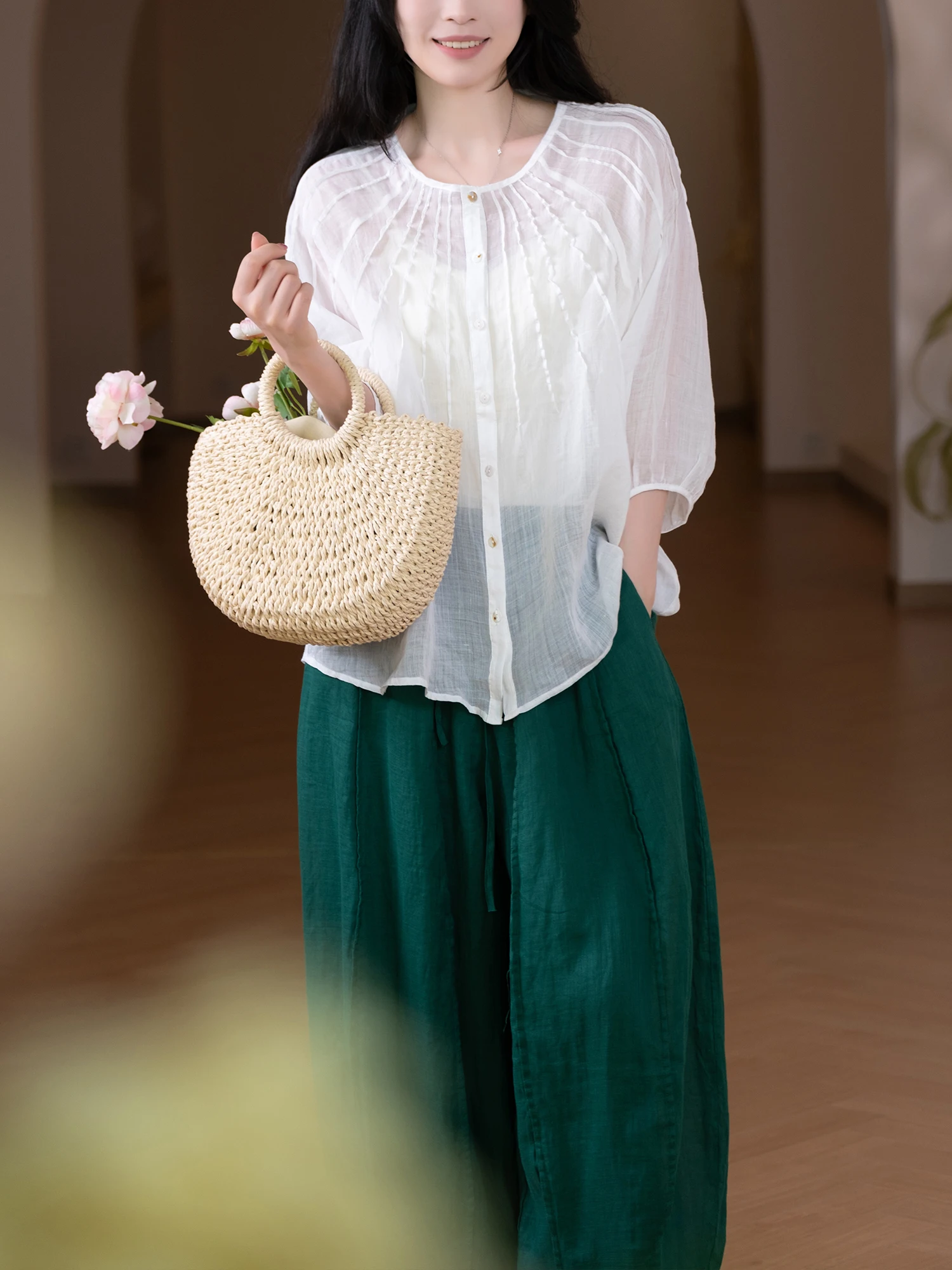 Versatile Women's irt by Little Ear 00% Flax Material round Ne Seven Sve Lengths Wide Fit Summer Thin Pure Color
Versatile Women's irt by Little Ear 00% Flax Material round Ne Seven Sve Lengths Wide Fit Summer Thin Pure Color