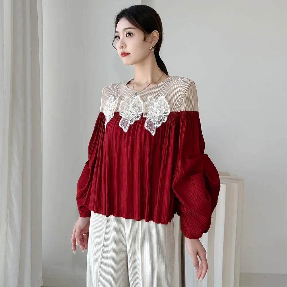 Fold Wine Red Pleated Crew Neck Lantern Sleeve Lace Floral Loose Top Textured Blouse Romantic Chic Trendy Daily Casual Essential
Fold Wine Red Pleated Crew Neck Lantern Sleeve Lace Floral Loose Top Textured Blouse Romantic Chic Trendy Daily Casual Essential