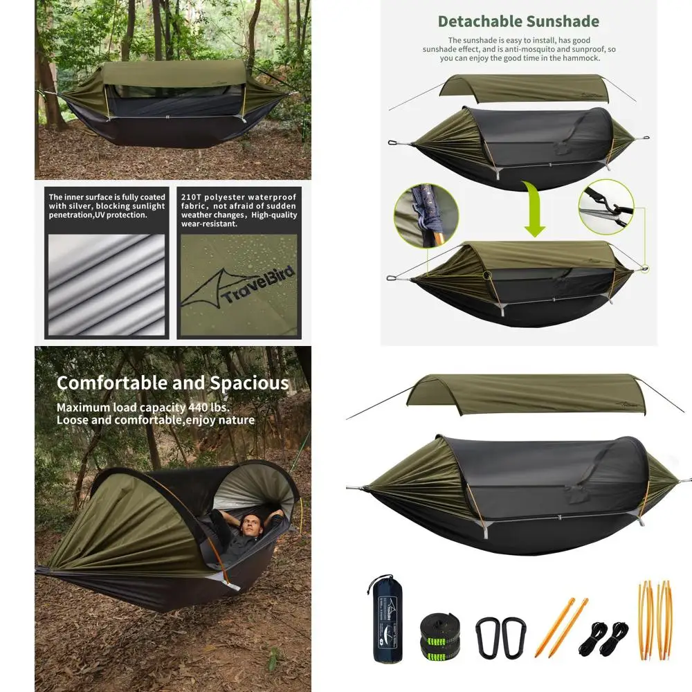4-in-1 Lightweight Portable Hammock Tent with Mosquito Net, Sunshade, Tree Straps, and Ground Bivvy for Outdoor Adventures
4-in-1 Lightweight Portable Hammock Tent with Mosquito Net, Sunshade, Tree Straps, and Ground Bivvy for Outdoor Adventures