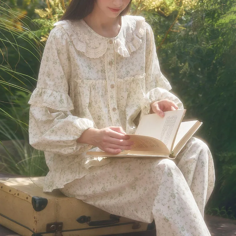 Women's Autumn Floral Lounge Wear Set Korean Doll Collar Long Sleeves Pants Made of Pure Cotton Sweet Comfortable Fit XL Size
Women's Autumn Floral Lounge Wear Set Korean Doll Collar Long Sleeves Pants Made of Pure Cotton Sweet Comfortable Fit XL Size