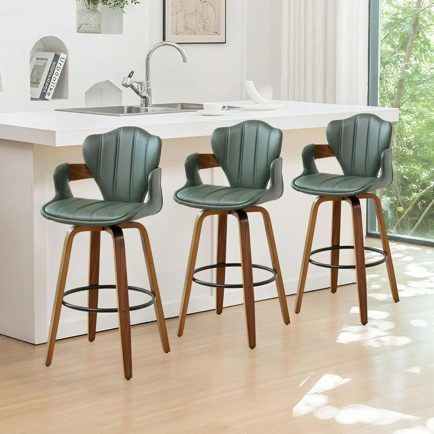 26in Swivel Bar Stools Set Mid Century Counter Green Faux Leather Arms Fishtail Back Walnut Wood Home Kitchen,Customized
26in Swivel Bar Stools Set Mid Century Counter Green Faux Leather Arms Fishtail Back Walnut Wood Home Kitchen,Customized