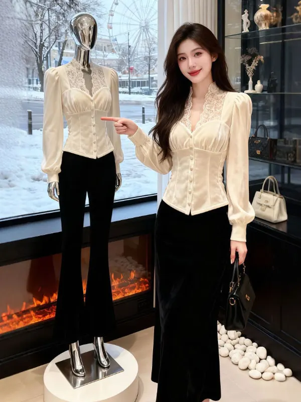 Элегантный кружевной топ с V-образным вырезом, приталенный, с длинными рукавами, женская модная одежда, с эффектом утяжки талии, зимняя повседневная мода
Элегантный кружевной топ с V-образным вырезом, приталенный, с длинными рукавами, женская модная одежда, с эффектом утяжки талии, зимняя повседневная мода