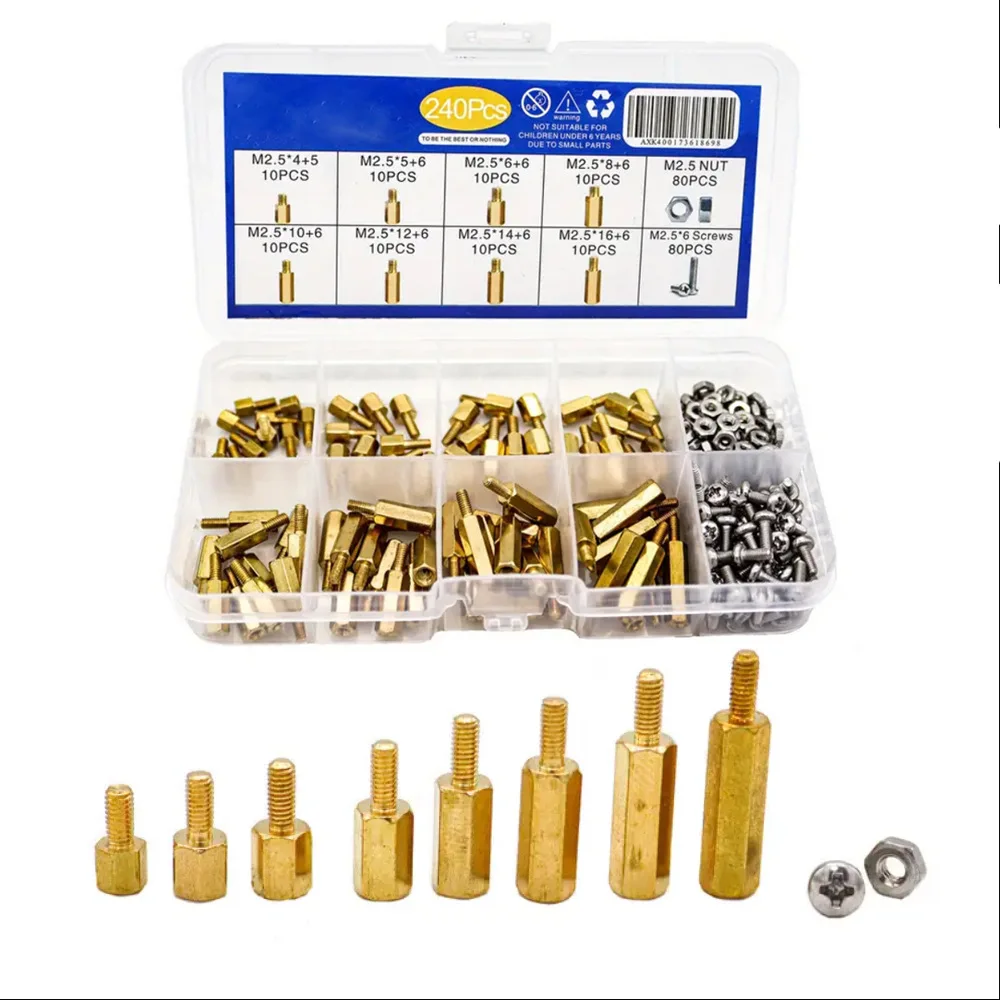 240pcs Copper Column Hexagonal Studs Single-head Hexagonal Copper Column M2.5 Nickel-plated Iron Screws Nut Bolt Set 4-16MM
240pcs Copper Column Hexagonal Studs Single-head Hexagonal Copper Column M2.5 Nickel-plated Iron Screws Nut Bolt Set 4-16MM