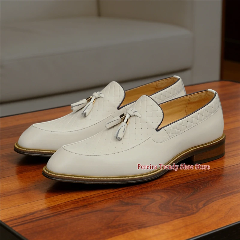 Beige Tassel Woven Men's Loafers Wedding Dress Shoes Handmade Genuine Leather Pointed Toe Slip-On Business Casual Shoes Big Size
Beige Tassel Woven Men's Loafers Wedding Dress Shoes Handmade Genuine Leather Pointed Toe Slip-On Business Casual Shoes Big Size