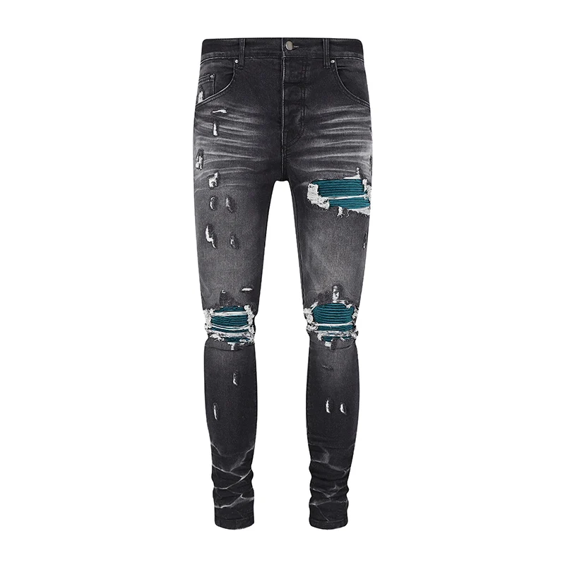 High Street Fashion New Men's Black Grey Jeans Washed Nostalgic Perforated Green Leather Patch Jeans Designer Hip Hop Brand Pant
High Street Fashion New Men's Black Grey Jeans Washed Nostalgic Perforated Green Leather Patch Jeans Designer Hip Hop Brand Pant