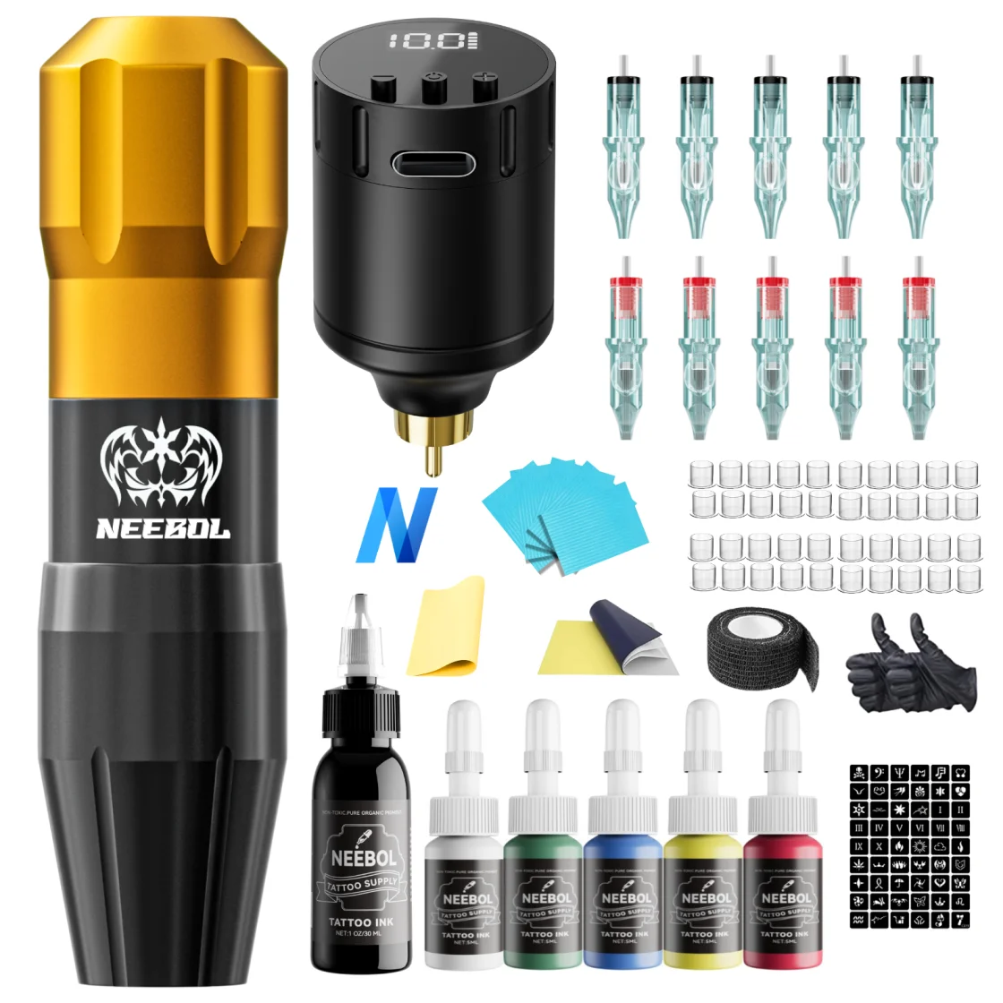 Neebol Wireless Tattoo Machine Kit Complete, Cartridge Needles, Inks, 1300mAh Battery, Rotary Tattoo Pen for Tattoo Beginners 
Neebol Wireless Tattoo Machine Kit Complete, Cartridge Needles, Inks, 1300mAh Battery, Rotary Tattoo Pen for Tattoo Beginners