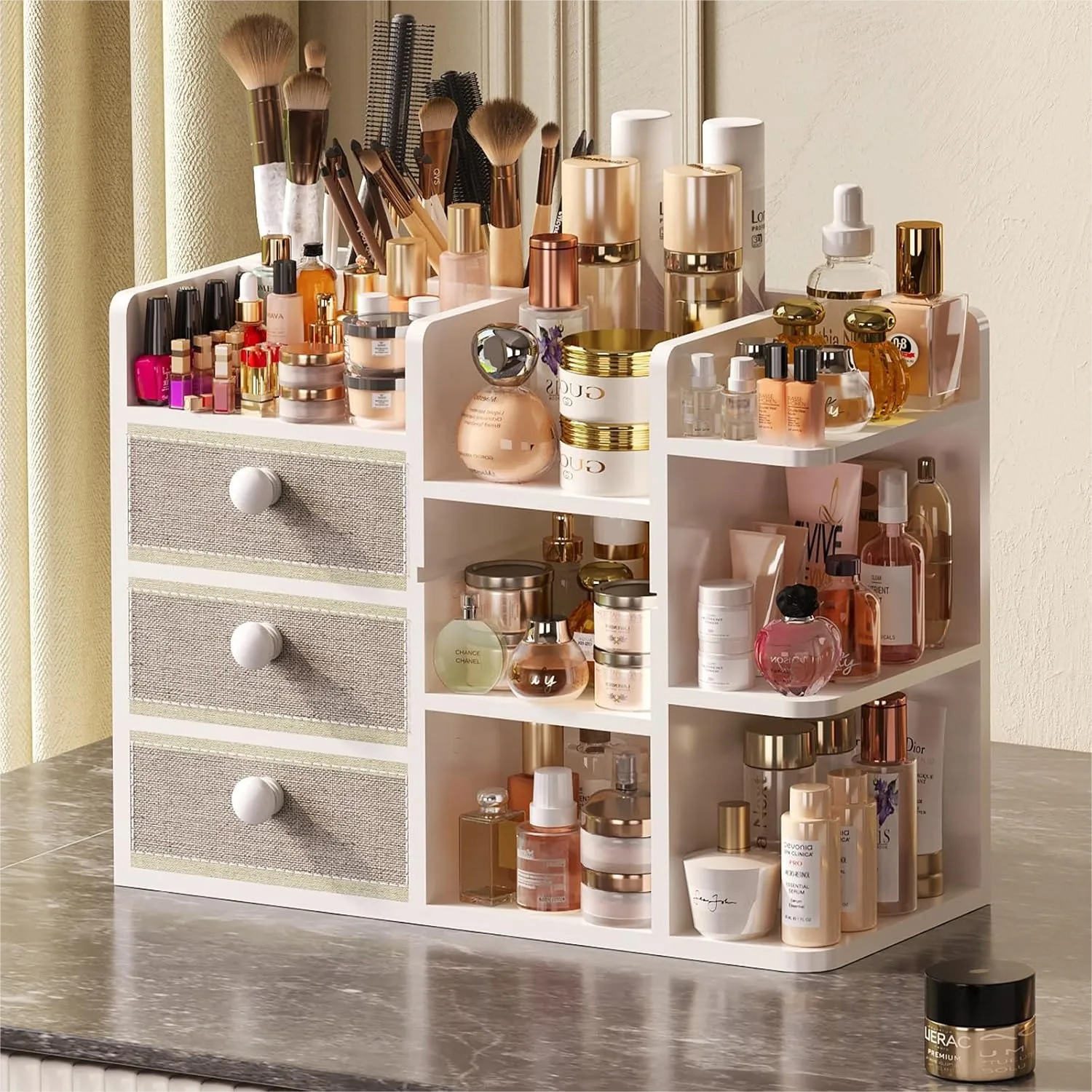Large Bamboo Makeup Organizer with Brush Holder & 3 Drawers for Vanity Counter, Cosmetic Skincare Perfume Storage
Large Bamboo Makeup Organizer with Brush Holder & 3 Drawers for Vanity Counter, Cosmetic Skincare Perfume Storage