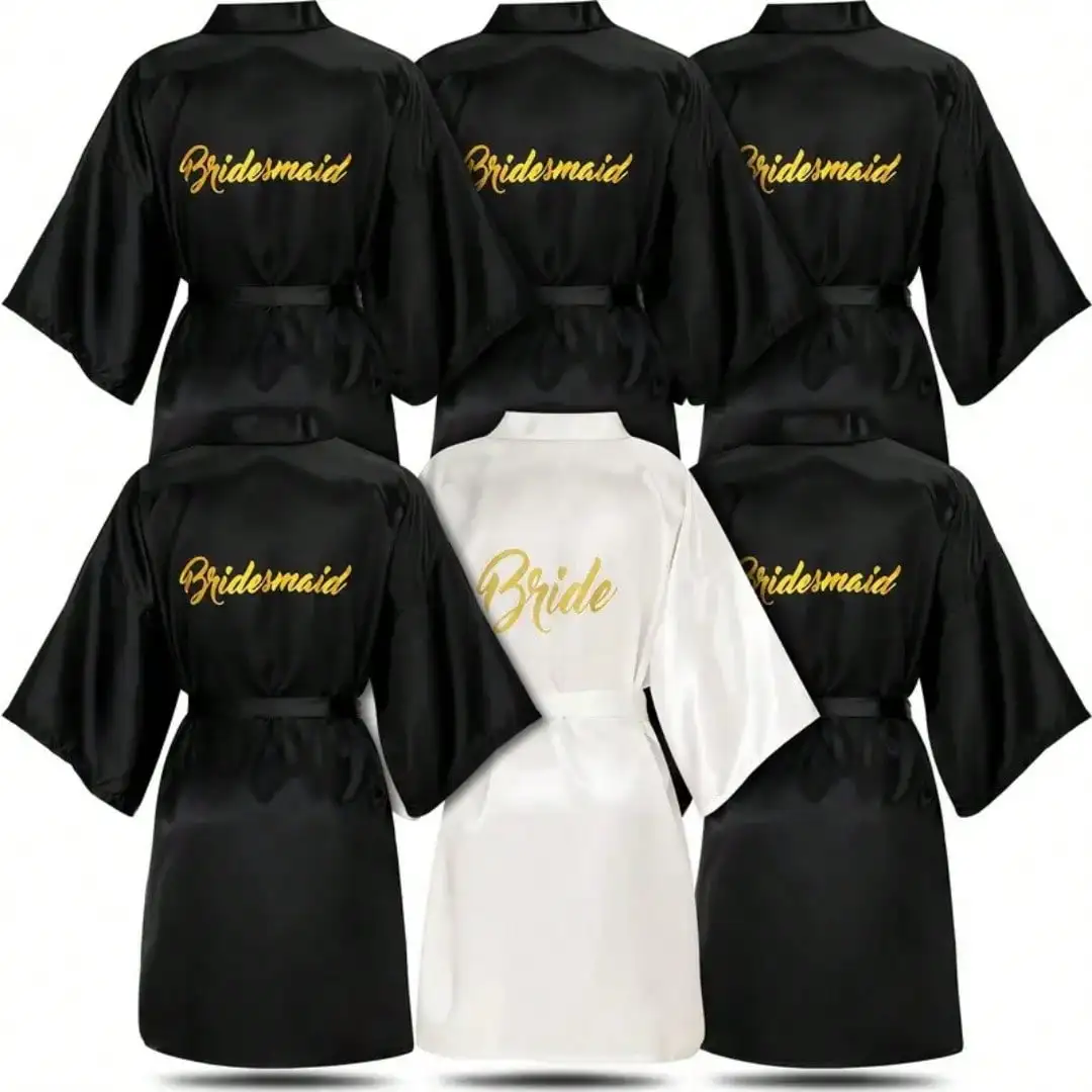Gold Script Embroidered Satin Robe Set for Bridal Party - White & Black
Gold Script Embroidered Satin Robe Set for Bridal Party - White & Black