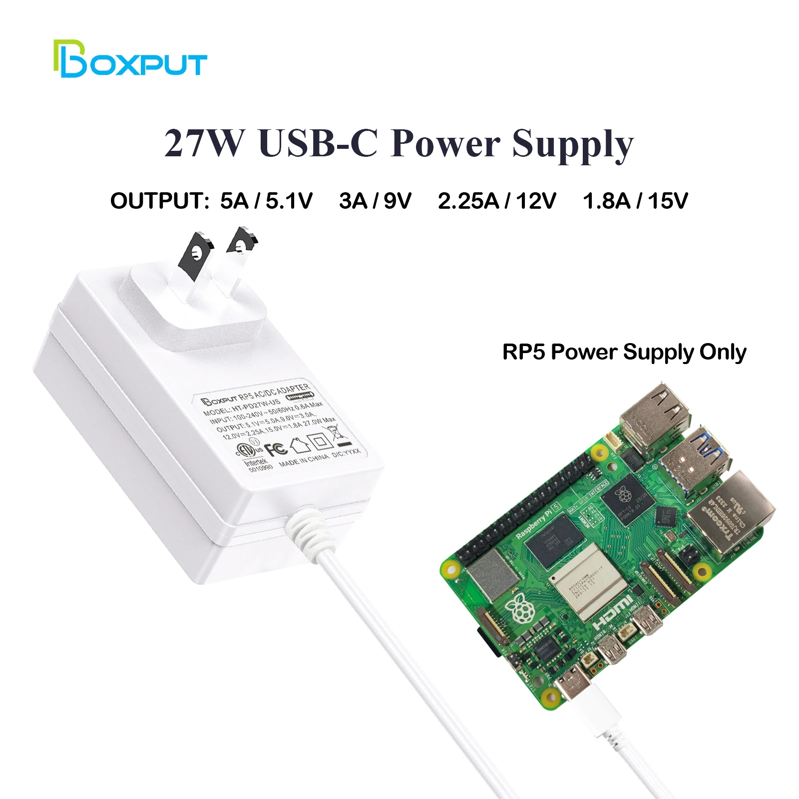 BOXPUT For Raspberry Pi 5 White Power Adapter 27W USB C Power Supply 5.1V 5A Compatible for PD Charing US Plug
BOXPUT For Raspberry Pi 5 White Power Adapter 27W USB C Power Supply 5.1V 5A Compatible for PD Charing US Plug