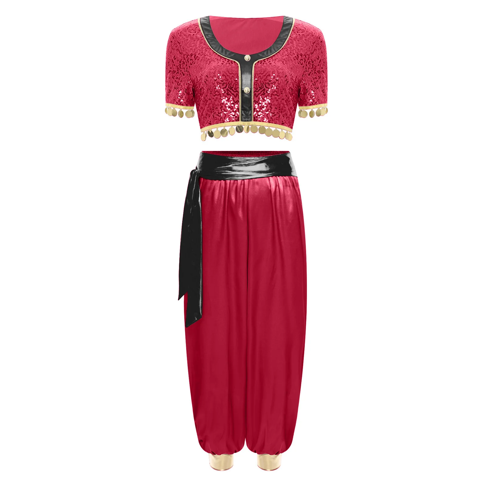 Women Halloween Dress Up Outfits Sequin Tassel Short Sleeve Crop Top Satin Bloomers Pants with Belt Belly Dance Princess Costume
Women Halloween Dress Up Outfits Sequin Tassel Short Sleeve Crop Top Satin Bloomers Pants with Belt Belly Dance Princess Costume