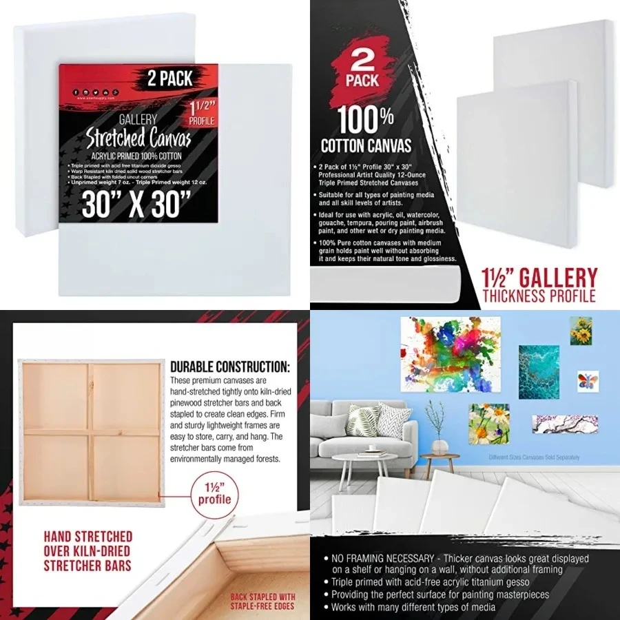 X-Large Stretched Canvas for Painting 30x30 inch Gallery Depth 1-1/2" Thick, 2-Pack - 12oz Acrylic Gesso Triple Primed, Professional Artist Quality, 100% Cotton - Oil, Pouring Paint
X-Large Stretched Canvas for Painting 30x30 inch Gallery Depth 1-1/2" Thick, 2-Pack - 12oz Acrylic Gesso Triple Primed, Professional Artist Quality, 100% Cotton - Oil, Pouring Paint