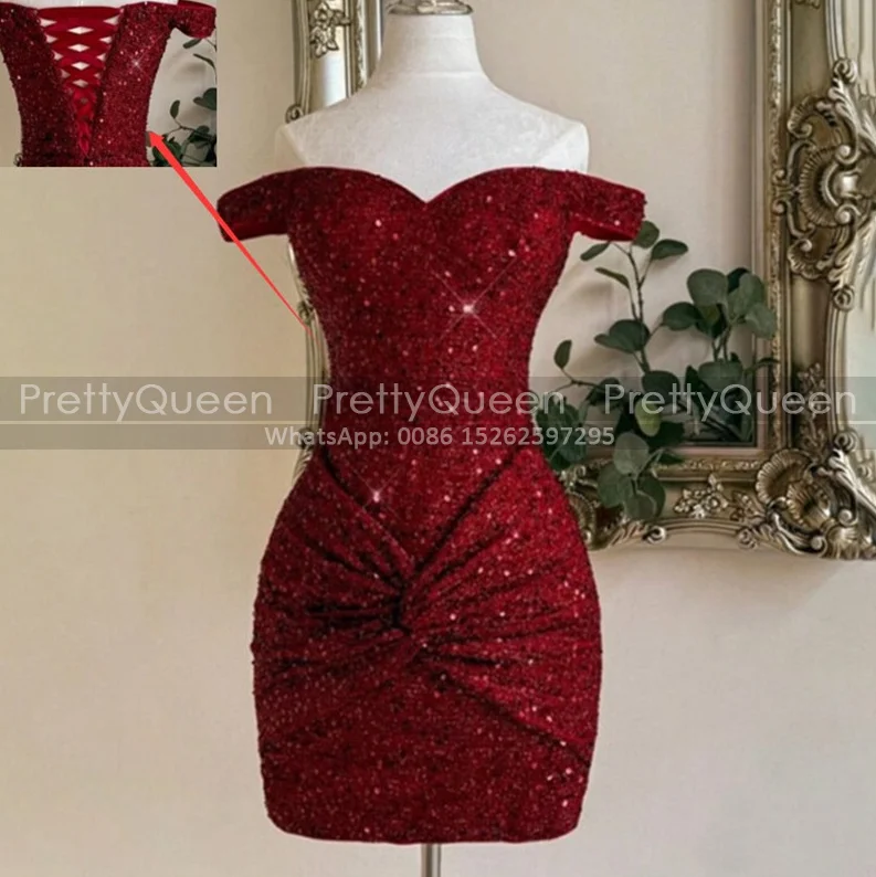 Bling Sequined Short Bridesmaid Dresses Sheath Off Shoulder Customized Burgundy Mini Wedding Party Dress Birthday Party
Bling Sequined Short Bridesmaid Dresses Sheath Off Shoulder Customized Burgundy Mini Wedding Party Dress Birthday Party
