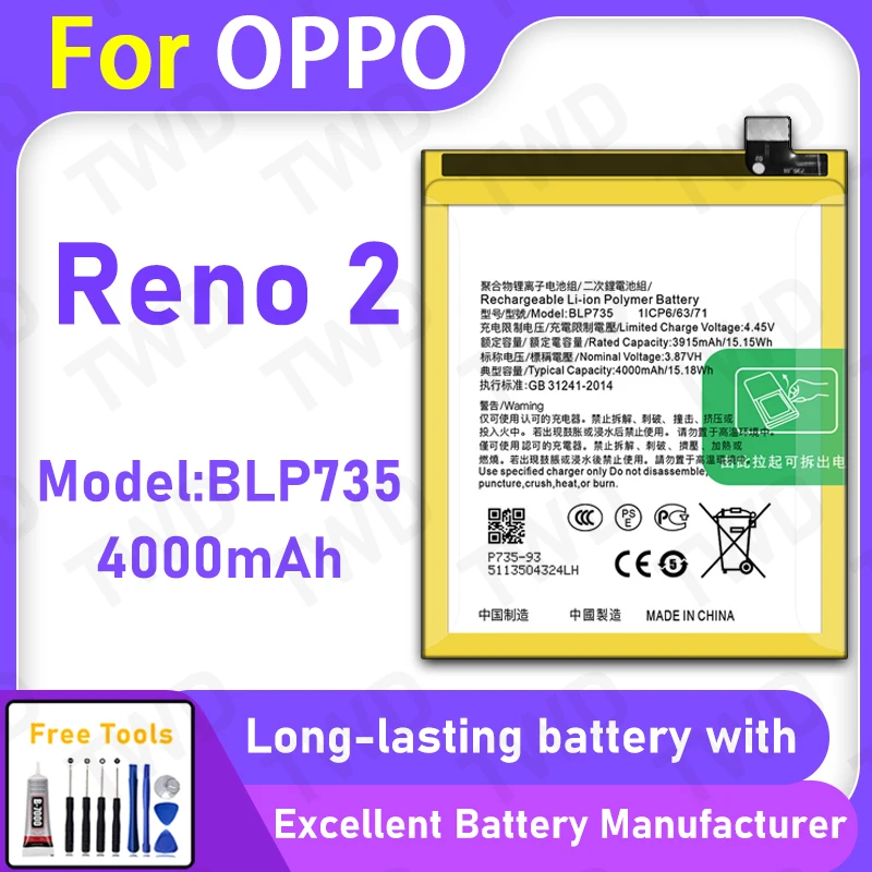 High Quality 4000mAh BLP735 Battery For OPPO Reno 2 Long Lasting Power +Free Tools
High Quality 4000mAh BLP735 Battery For OPPO Reno 2 Long Lasting Power +Free Tools