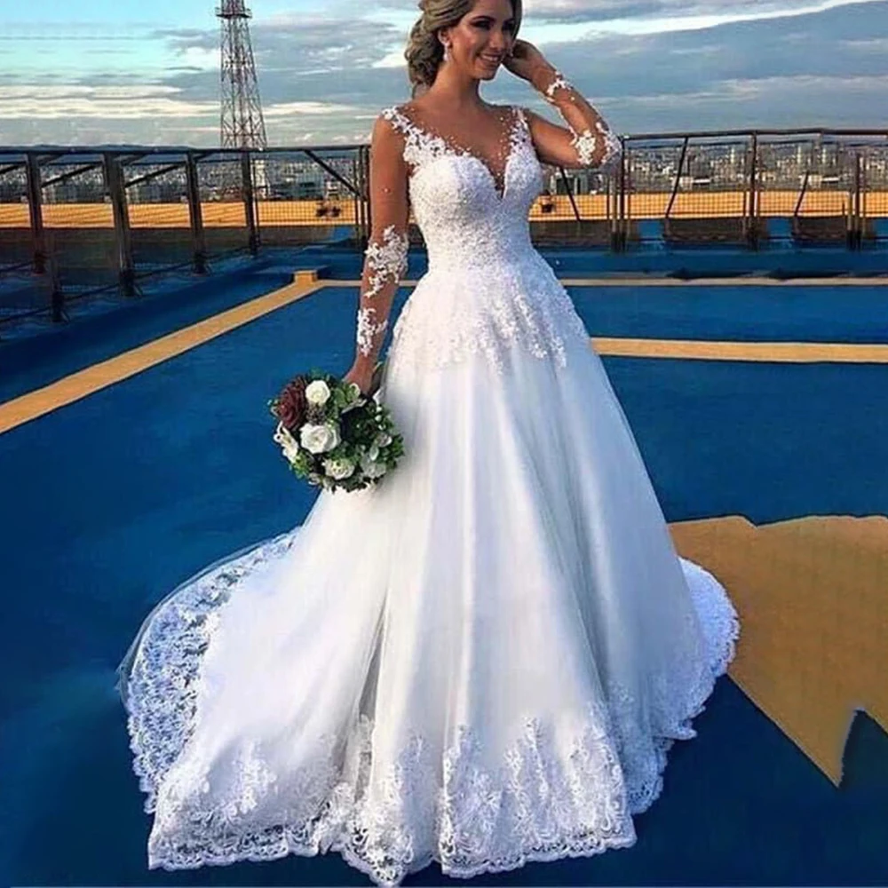 Modern Wedding Dresses Sweetheart Illusion Long Sleeve A-line Bride Dress with Appliques Draped Button Bridal Gown Customized
Modern Wedding Dresses Sweetheart Illusion Long Sleeve A-line Bride Dress with Appliques Draped Button Bridal Gown Customized